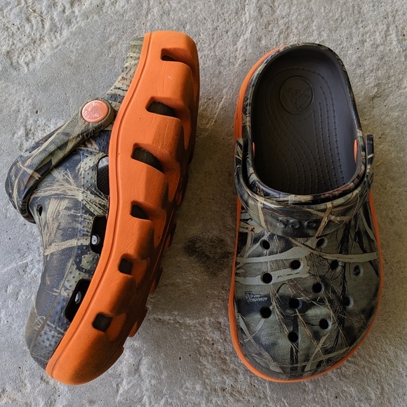 camo crocs with orange sole